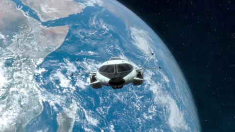 Futuristic Spaceship Leaving a Planet. Stock Footage 261343612