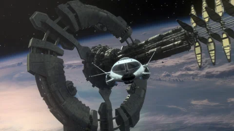 Futuristic Spaceship Leaving a Space Station. Stock Footage 206372276