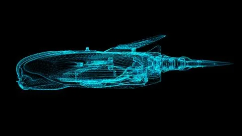 Futuristic Spaceship Model in Neon Blue Wireframe on Black Background Illustrazione stock