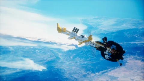 Futuristic spaceship near the Earth. Elements of this image furnished by NASA Video stock 129724038