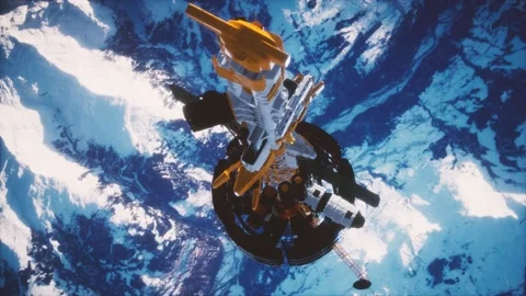 Futuristic spaceship near the Earth. Elements of this image furnished by NASA Stockbeeldmateriaal 131605783