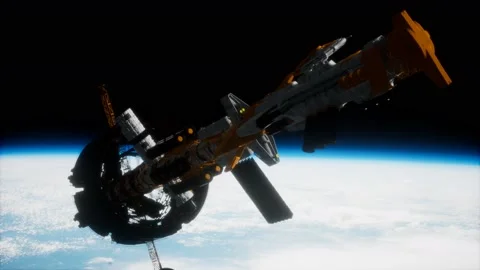 Futuristic spaceship near the Earth. Elements of this image furnished by NASA Stock Footage 138857304