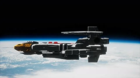 Futuristic spaceship near the Earth. Elements of this image furnished by NASA Vidéo 140009917
