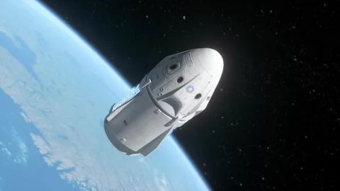Futuristic spaceship in open space. Cargo spacecraft shuttle on low earth orbit. Stock Illustration