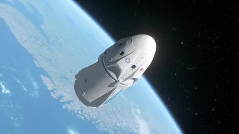 Futuristic spaceship in open space. Cargo spacecraft shuttle on low earth orbit. Stock Illustration