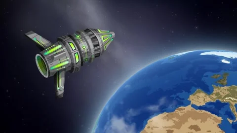 Futuristic Spaceship Orbiting Earth and Moon in Deep Space Animation Stock Footage 344833127