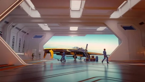 Futuristic spaceship in a sci-fi hangar with astronaut and distant planet view. Stock Footage 311013268