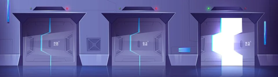 Futuristic spaceship wall with open, closed gates Illustrazione stock