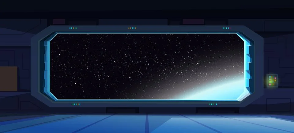 A futuristic spaceship wide window panoramic view Stock Illustration