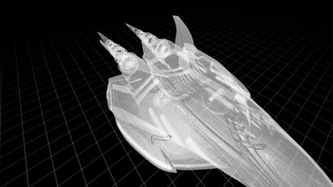 Futuristic Spaceship Wireframe on Black Gridded Background Illustration Stock Footage 344728975