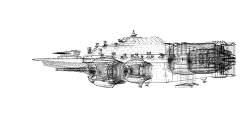 Futuristic Spaceship Wireframe Design in Black and White Perspective View Stock Footage 344711013