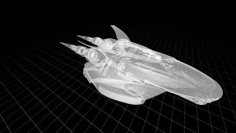 Futuristic Spaceship Wireframe Design on Black Grid Background Illustrazione stock