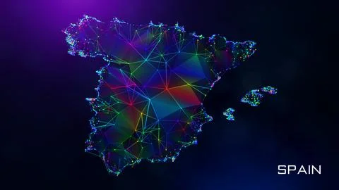 Futuristic Spain Map Polygonal Connected Lines Dots And Facet Wireframe Network  Stockillustratie
