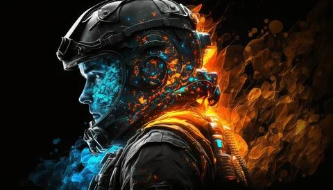 Futuristic special force soldier. Blue and Orange, yellow. Isolated on a blac Stock Illustration