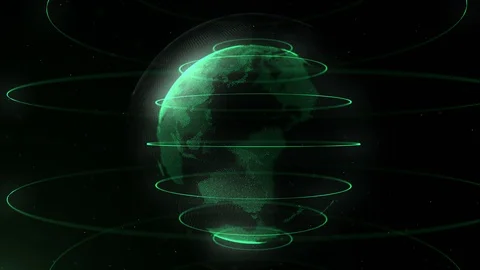 Futuristic sphere of dots. Globalization interface. Green loops around sphere Stock Footage 105201596