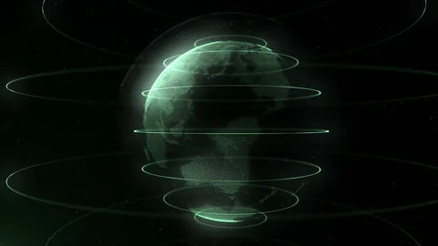 Futuristic sphere of dots. Globalization interface. Green loops around sphere Stock Footage 105201899