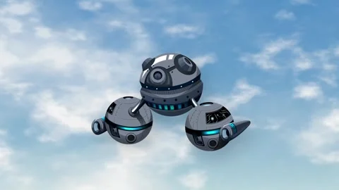 Futuristic Spherical Space Objects Floating Over a Cloudy Blue Sky Stock Footage 345037716