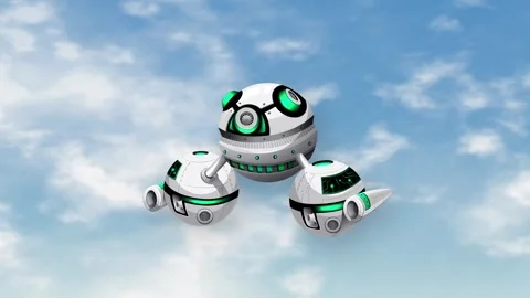 Futuristic Spherical Space Objects Floating Over a Cloudy Blue Sky Stock Footage 345209023