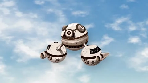 Futuristic Spherical Space Objects Floating Against a Blue Cloudy Sky Stock Footage 346274225