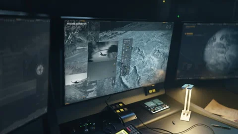 Futuristic spy computer tech collects the coordinates data of the enemy airbase Stock Footage 319671983