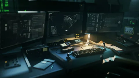 Futuristic spy control software searches for the hacker ip on a digital map Stock Footage 169970800