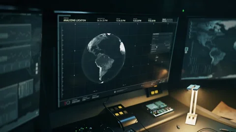 Futuristic spy network tech tracking the satellite location on the 3D globe Stock Footage 248832166