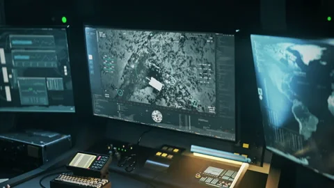 Futuristic Spy Weapon Control System Aims At Armored Tank To Fire Missile Stock Footage 232723273