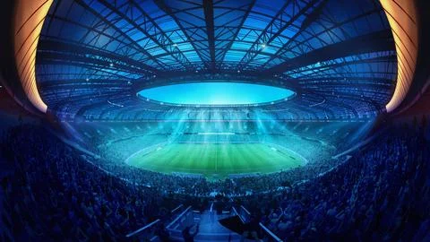Futuristic stadium. Massive modern stadium filled with fans, bright blue Stock Illustration