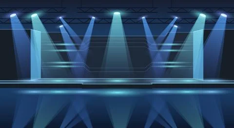 Futuristic stage background with bright blue neon spotlights illuminating a.. Stock Illustration