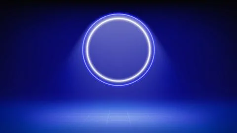 Futuristic stage background. Modern white blue led halo spotlight, grid floor Illustrazione stock