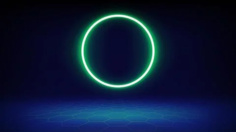 Futuristic stage blue background. Room illuminated by circular white green neon Stock Illustration