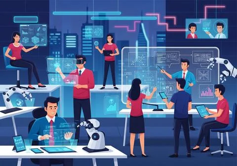 Futuristic Startup Office Scene vector illustration Stock Illustration