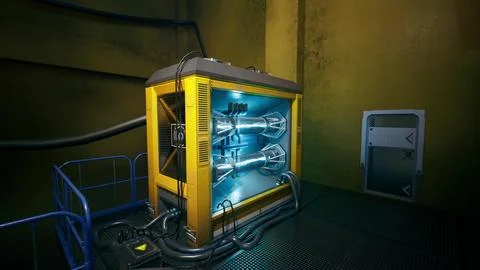 Futuristic storage unit with glowing components in an industrial setting Stock-Illustration