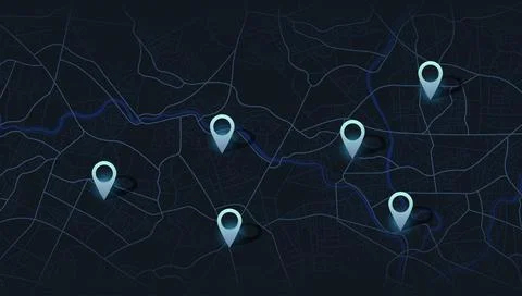 Futuristic street plan featuring luminous blue markers hovering over a black Ilustração Stock