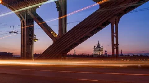 Futuristic structure of Bolsheokhtinsky bridge 库存照片