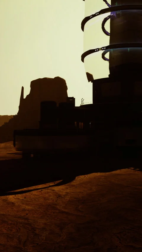 Futuristic structure casts long shadows on Mars at sunset Stock Footage 319118136