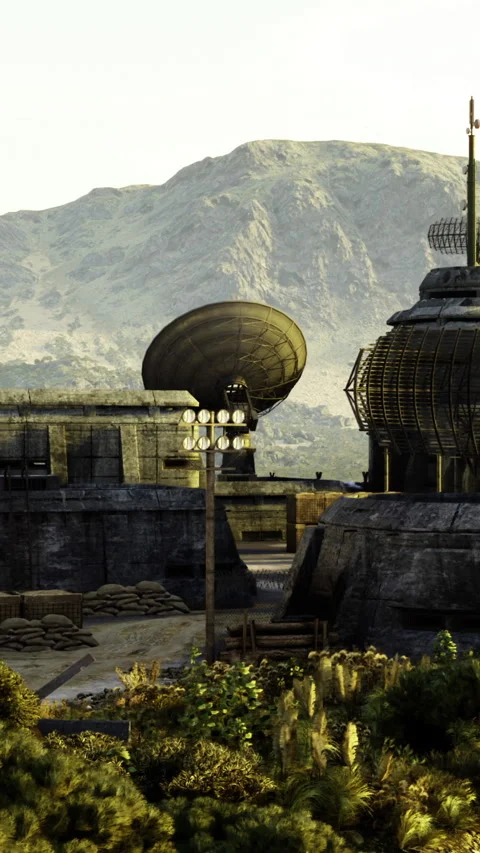 Futuristic structures rise against the backdrop of majestic mountains Stock Footage 334208660
