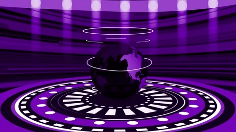 Futuristic studio with a glowing digital globe hovering above a circular pl.. Stock Footage 329850819