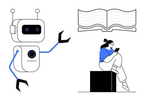 Futuristic study scene featuring a robot and a person using digital devices.. Stock Illustration