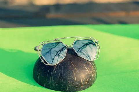 Futuristic sunglasses model unique design with big silver lenses closeup shoot Stock Photos