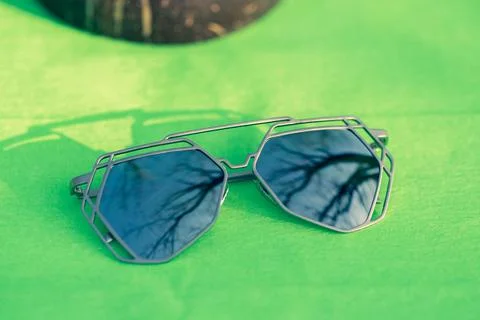 Futuristic sunglasses model unique design with big silver lenses closeup shoot Stock Photos