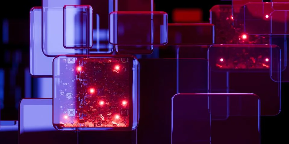 Futuristic Super Computer Chip Circuit in iridescent glass cube neon reflec.. Stock Illustration