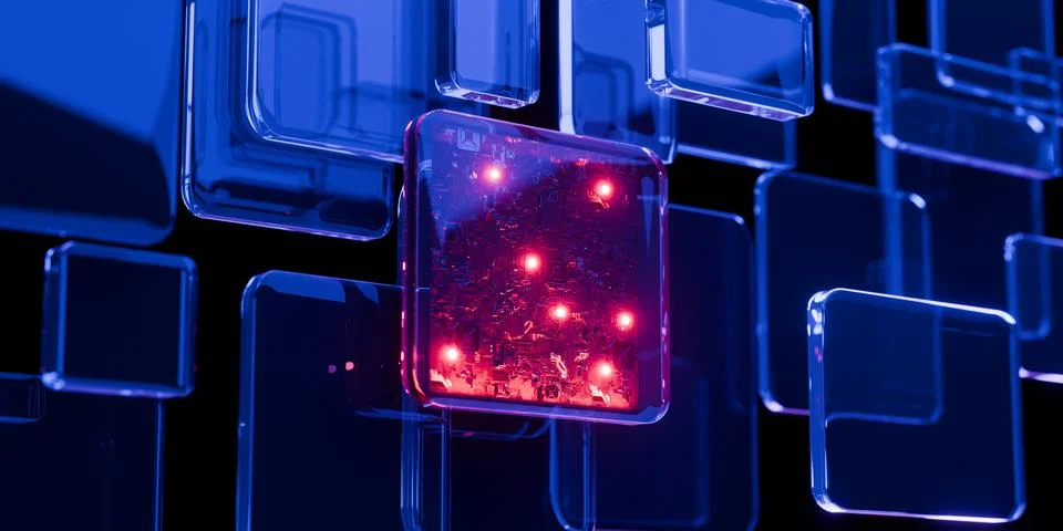 Futuristic Supercomputer Chip Circuit in iridescent glass cube neon reflect.. Stock Illustration