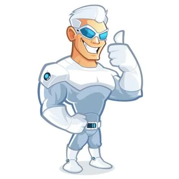Futuristic superhero with sunglasses cartoon character showing tumb up sign Stock Illustration
