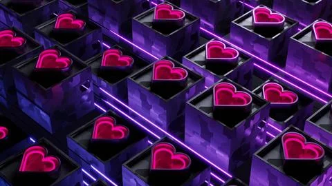 Futuristic synthwave loop 3d illustration with neon hearts glowing pink and red. Stock Illustration