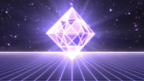Futuristic Synthwave Neon Geometric 3D Shape Floating Over 80s Grid Video stock 130382624