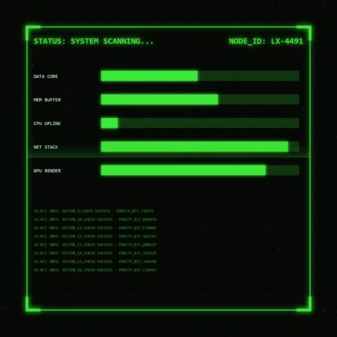 Futuristic System Scan Interface: Data Loading, CPU, Network Status Stock Footage 347260834