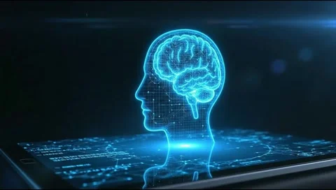 Futuristic Tablet Projecting Glowing Blue Hologram of Head and Brain. Stock Footage 317800878