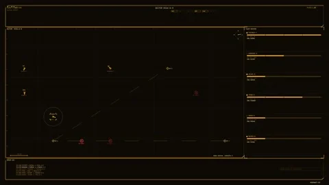 Futuristic tactical fleet command interface with amber grid map and real-ti.. Stock Footage 334098781