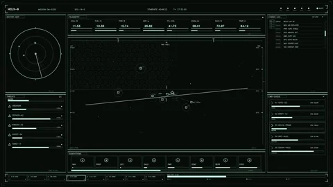 Futuristic Tactical HUD Interface with Sector Map Telemetry and Command Que.. Stock Footage 334097221